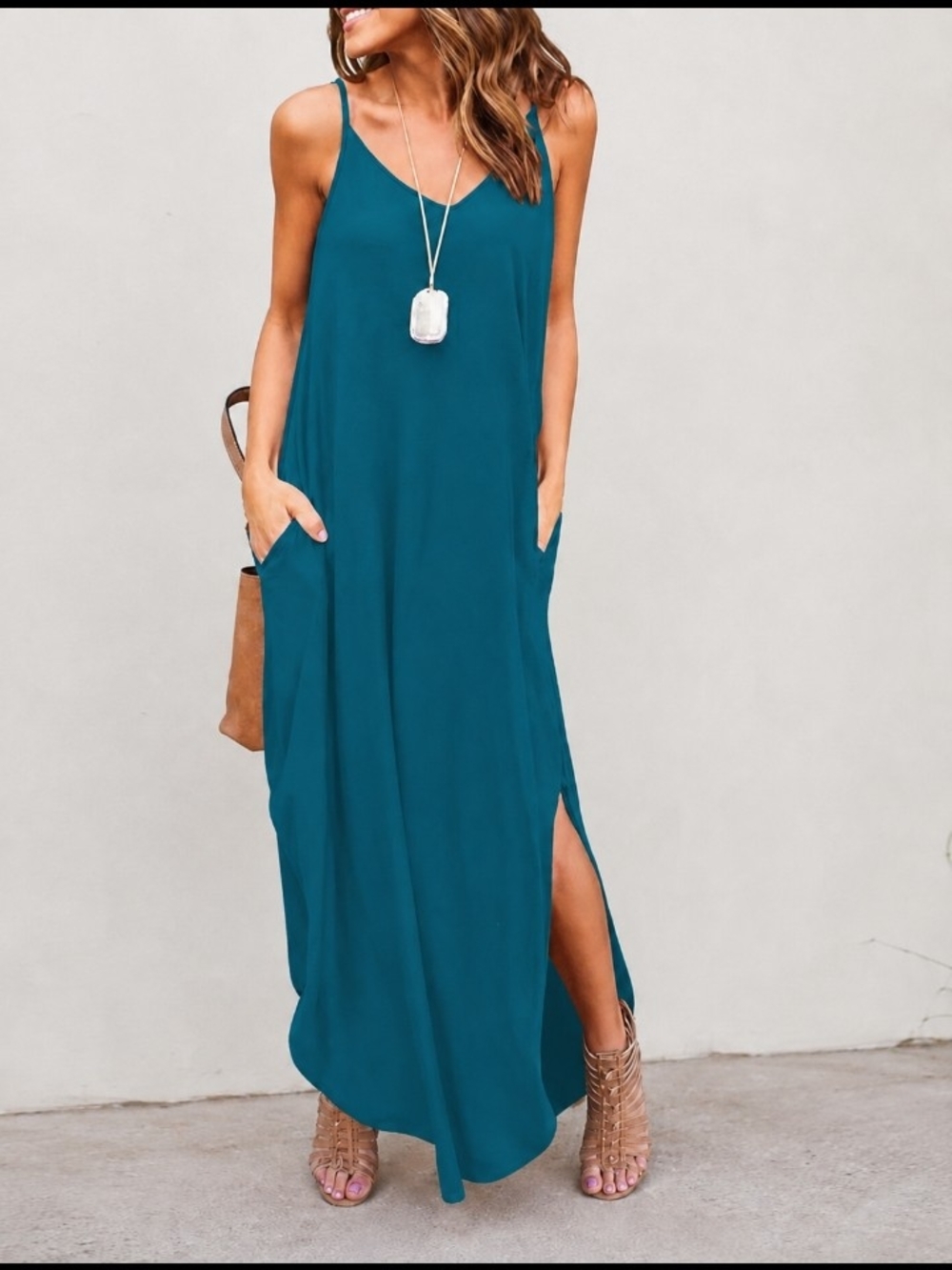 Huskary  Teal Maxi Slip  Dress with Side Slits Size Large
